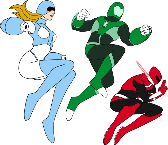 Three figures leaping into action - one in blue, one in red and one in green.