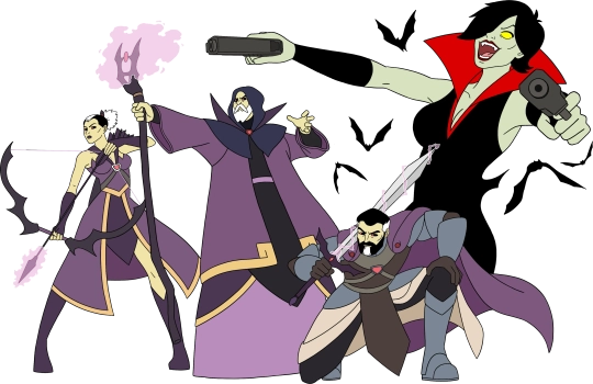 Vier Figuren in bedrohlicher Pose, die ihre Waffen in die Höhe halten.