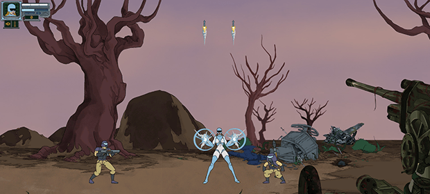 Woman in blue armor releasing rockets to attack two enemies in purple armor, one normal height and the other short. Rusted artillery gun in the foreground.