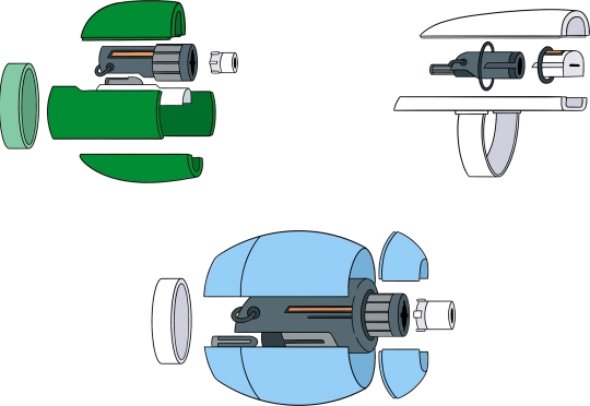 Three different guns, disassembled so you can see their interiors.