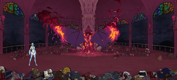 Woman in blue armor standing in front of a flaming figure.