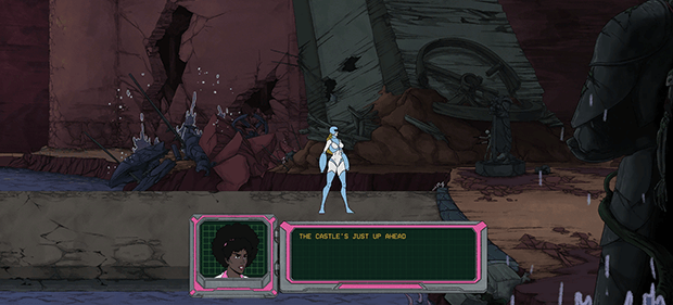 Woman in blue armor standing at end of bridge. Receives instructions from a black woman with an afro.