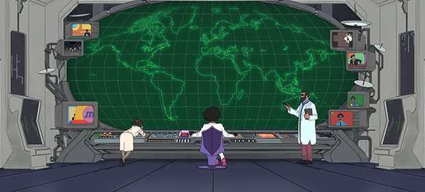 Three figures in front of a monitor screen.